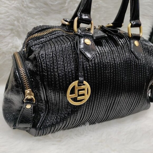 Elliott Lucca Black Patent Leather Handbag With Gold Accents Double Handle Bag - Picture 7 of 15